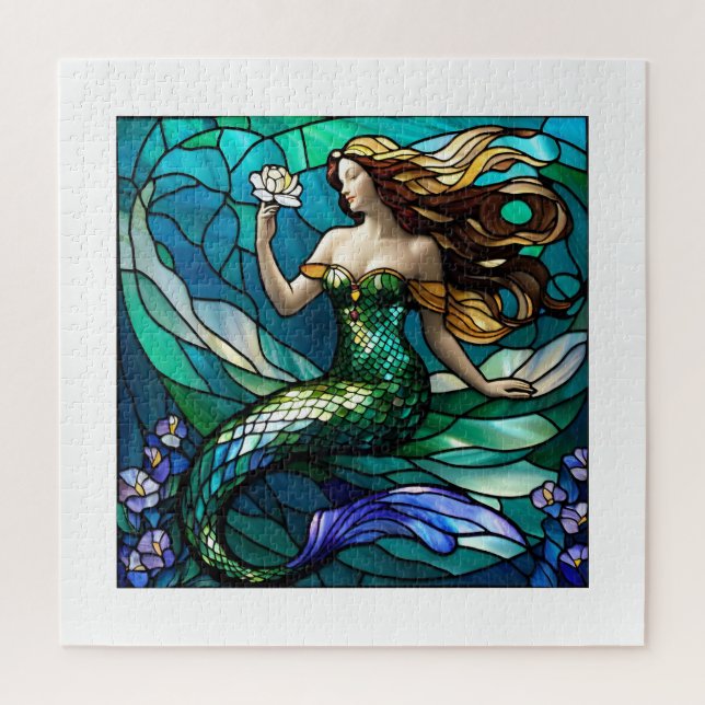 Stained glass mermaid admiring a flower jigsaw puzzle (Vertical)