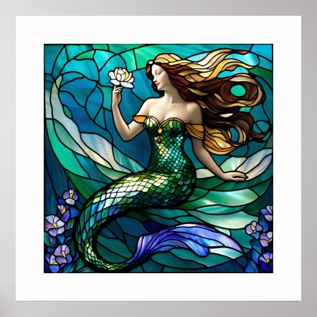 Stained glass mermaid admiring a flower poster (Front)