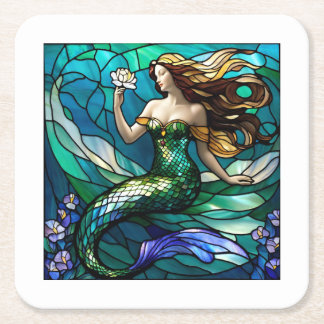 Stained glass mermaid admiring a flower square paper coaster