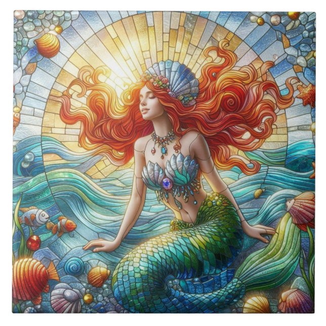 Stained Glass Mermaid Ceramic Tile (Front)
