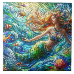 Stained Glass Mermaid Ceramic Tile