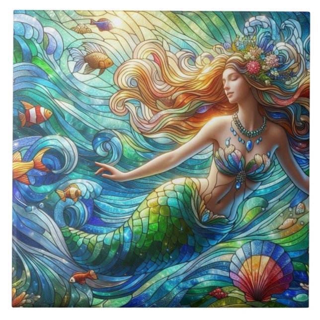 Stained Glass Mermaid Ceramic Tile (Front)
