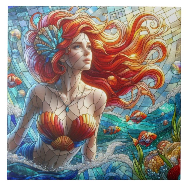 Stained Glass Mermaid Ceramic Tile (Front)