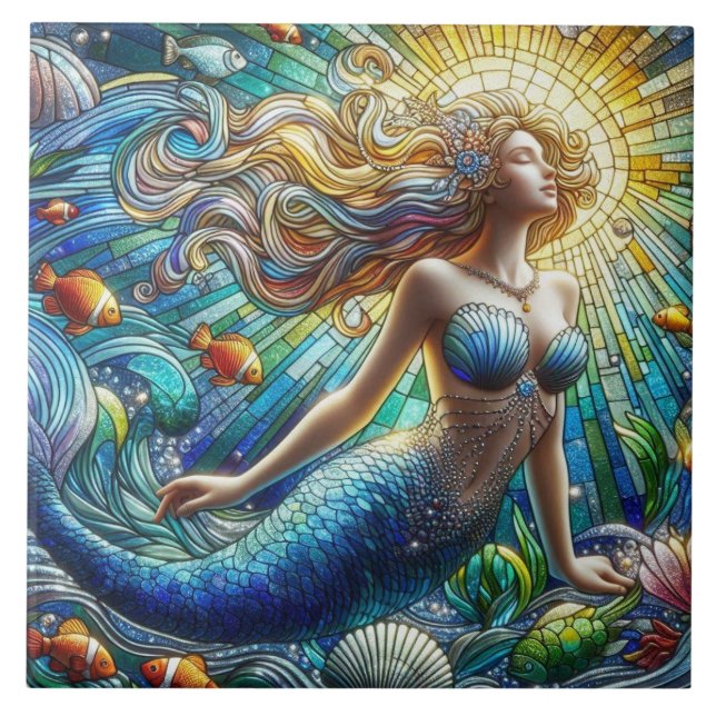 Stained Glass Mermaid Ceramic Tile (Front)