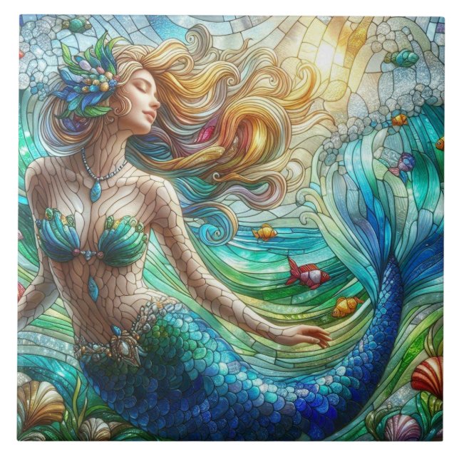Stained Glass Mermaid Ceramic Tile (Front)
