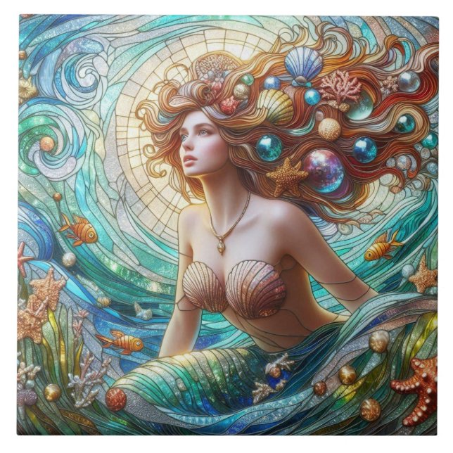 Stained Glass Mermaid Ceramic Tile (Front)