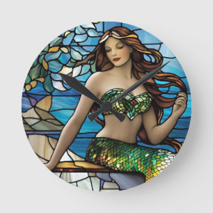 Stained glass mermaid round clock