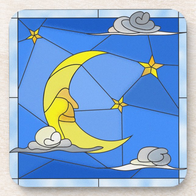 Stained Glass Moon, Stars, and Clouds Coaster (Front)