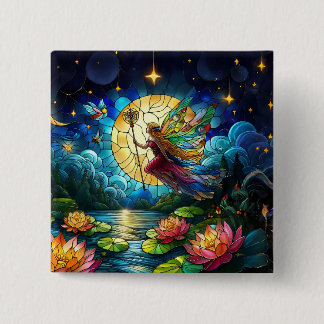 Stained Glass Moonlight Flight Fairy  15 Cm Square Badge