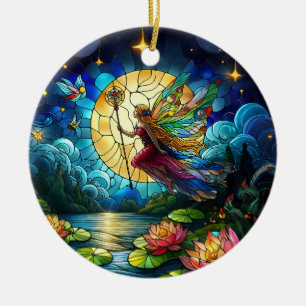 Stained Glass Moonlight Flight Fairy Ceramic Ornament