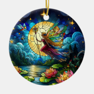Stained Glass Moonlight Flight Fairy  Ceramic Ornament