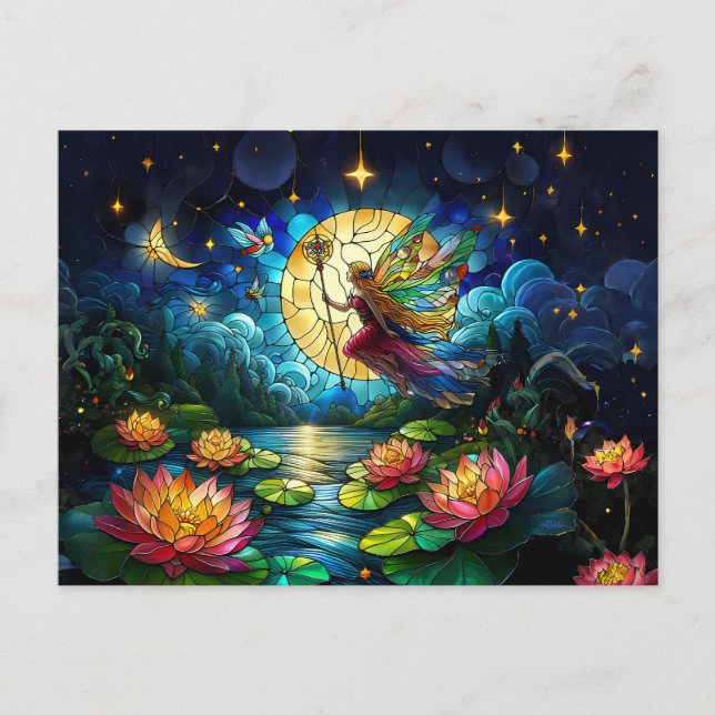 Stained Glass Moonlight Flight Fairy Postcard (Front)