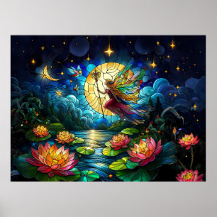 Stained Glass Moonlight Flight Fairy Poster