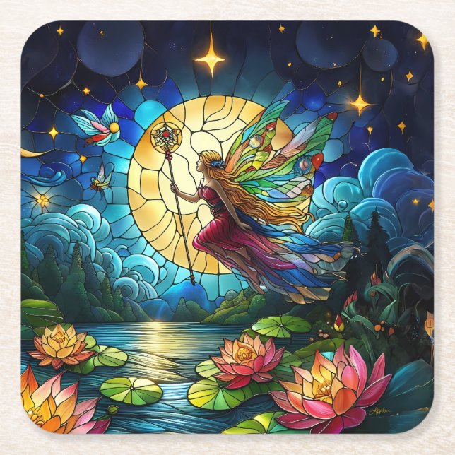 Stained Glass Moonlight Flight Fairy  Square Paper Coaster (Front)