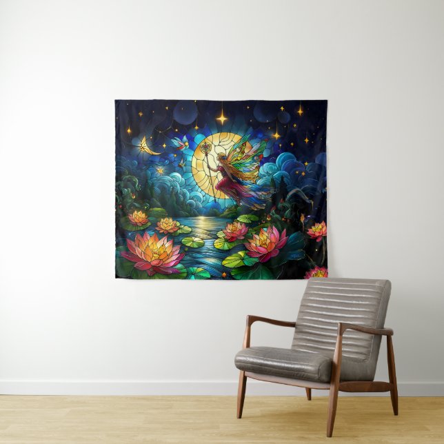 Stained Glass Moonlight Flight Fairy  Tapestry (In Situ (Horizontal))
