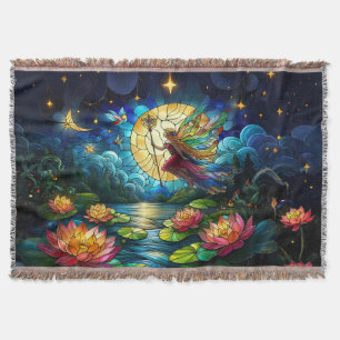 Stained Glass Moonlight Flight Fairy  Throw Blanket
