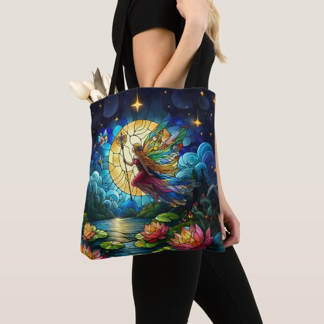 Stained Glass Moonlight Flight Fairy  Tote Bag (Close Up)