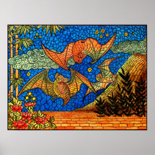 Stained glass mosaic fruit bats and bamboo floral poster