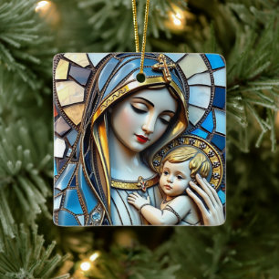 Stained Glass Mosaic Mary and Jesus Christmas Ceramic Ornament