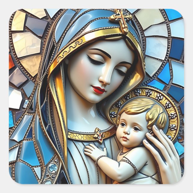 Stained Glass Mosaic | Mary and Jesus Christmas Square Sticker (Front)