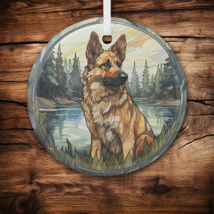 Stained Glass Mountain German Shepherd Dog Tree Decoration