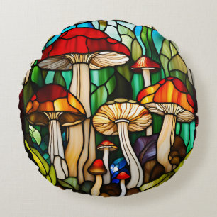 Stained Glass Mushroom Art Round Cushion