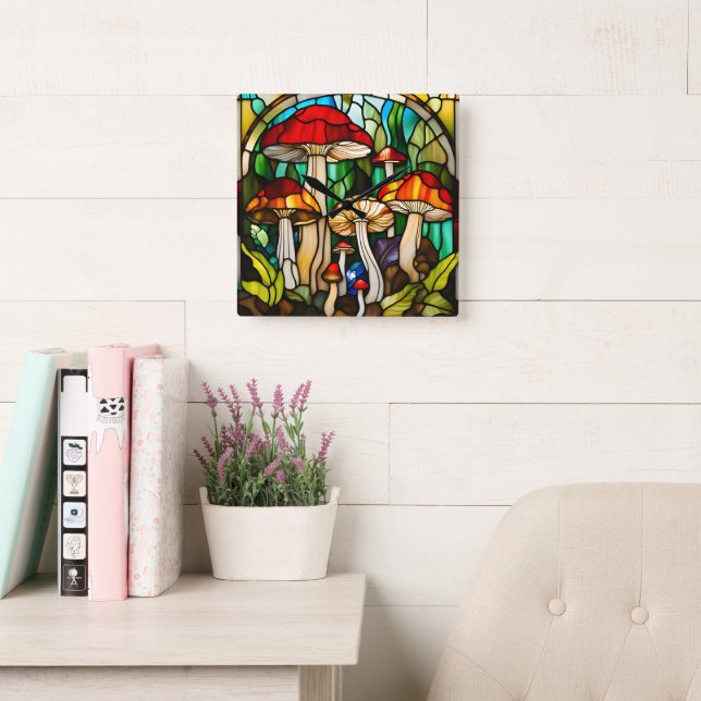 Stained Glass Mushroom Art Square Wall Clock (Reading Room)