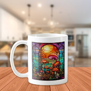 Stained Glass Mushrooms Toadstools Sunrise Coffee Mug