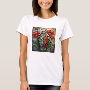 Stained Glass Mystical Ladybug Poppy Flower Beetle T-Shirt