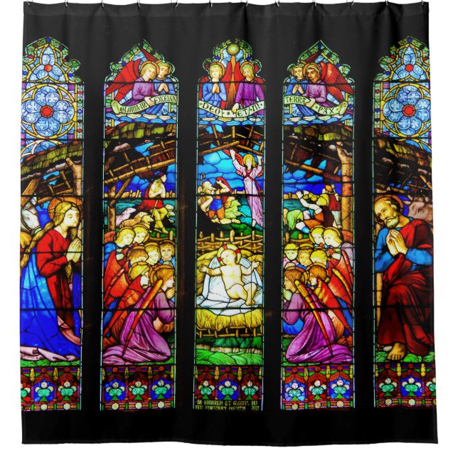 Stained Glass Nativity Scene Christmas Shower Curtain (Front)