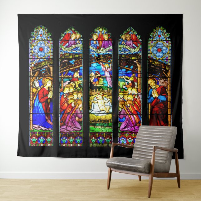 Stained Glass Nativity Scene Christmas Tapestry (In Situ (Horizontal))