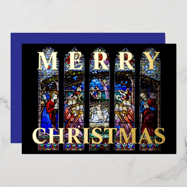 Stained Glass Nativity Scene Merry Christmas Foil Holiday Card (Front/Back)