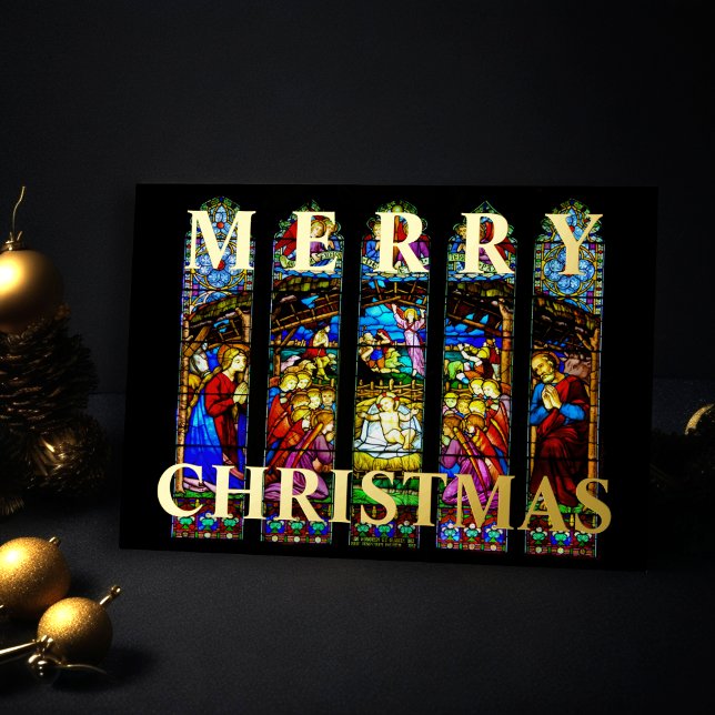 Stained Glass Nativity Scene Merry Christmas Foil Holiday Card (Creator Uploaded)