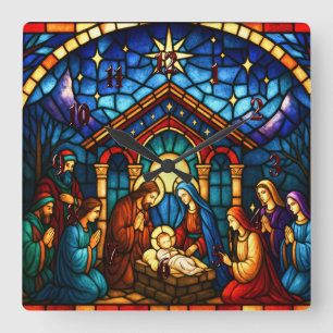 Stained Glass Nativity Scene Square Wall Clock