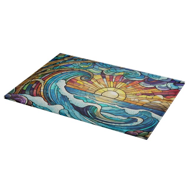 Stained glass ocean at sunset art cutting board (Corner)