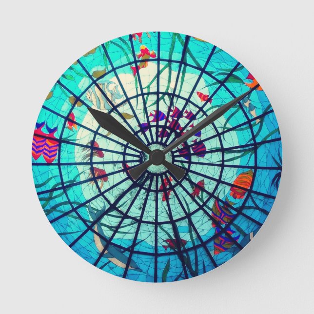 Stained glass ocean tropical fish round clock (Front)