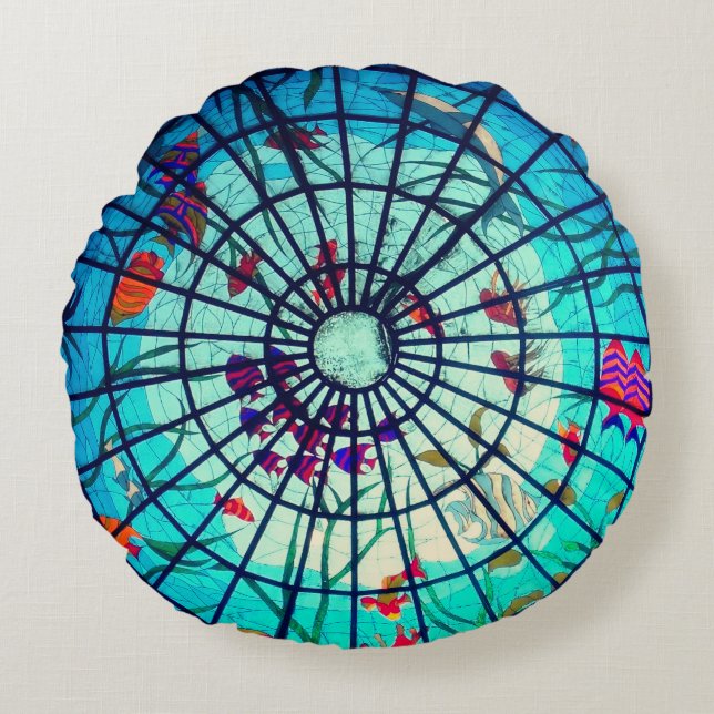 Stained glass ocean tropical fish teal blue round cushion (Front)