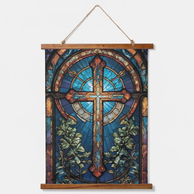 Stained Glass of Christian Cross Hanging Tapestry (Front)