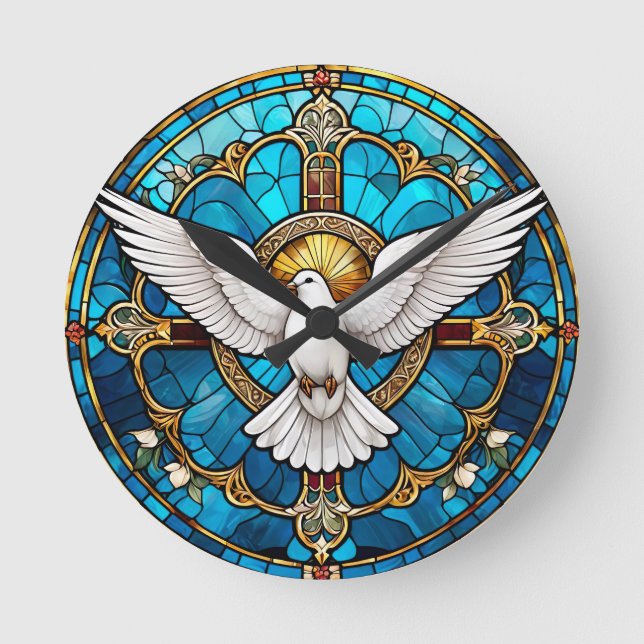 Stained Glass of Christian Cross Round Clock (Front)