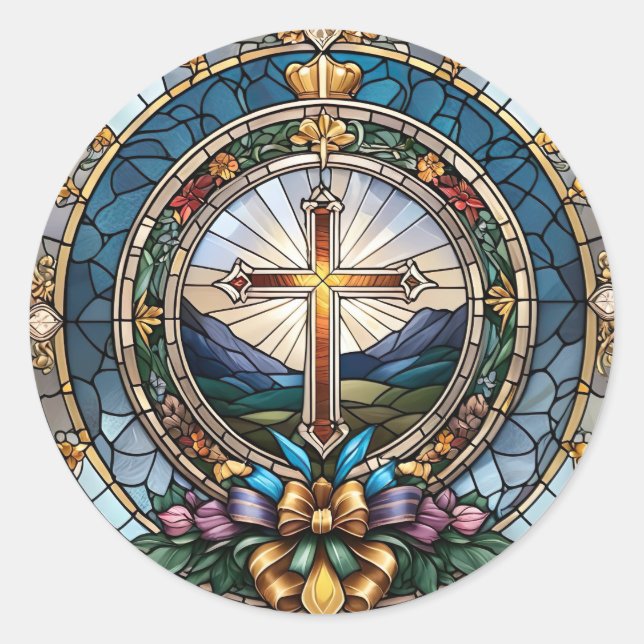 Stained Glass of Christian Holy Cross Classic Round Sticker (Front)