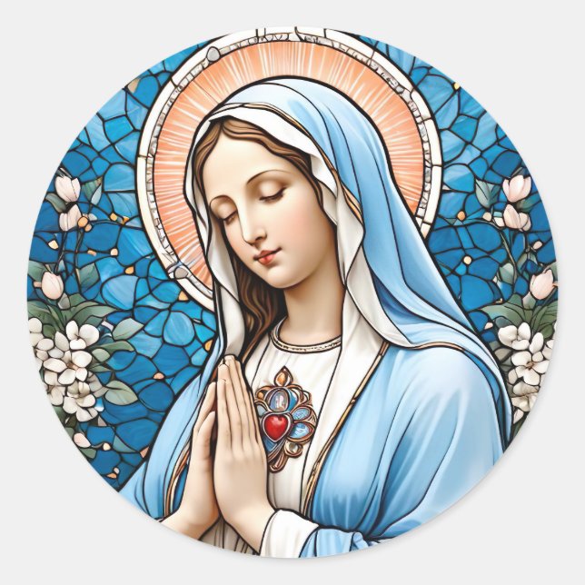 Stained Glass of Virgin Mary Christian Catholic Classic Round Sticker (Front)