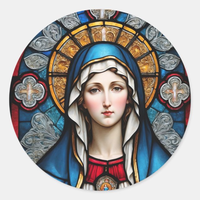 Stained Glass of Virgin Mary Christian Catholic Classic Round Sticker (Front)