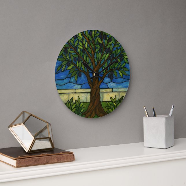 Stained Glass Olive Tree Large Wall Clock – Nature (Office)