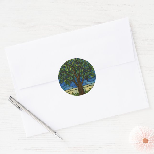 Stained Glass Olive Tree Round Sticker – Nature (Envelope)