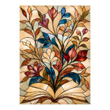 Stained Glass Open Book Floral Art for Book Lovers