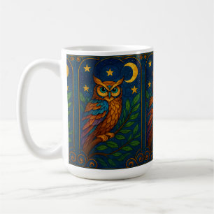 Stained Glass Owl Under the Moon and Stars Coffee Mug