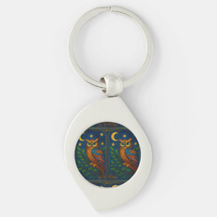 Stained Glass Owl Under the Moon and Stars Key Ring