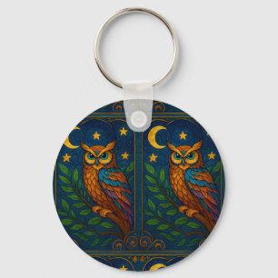 Stained Glass Owl Under the Moon and Stars Key Ring
