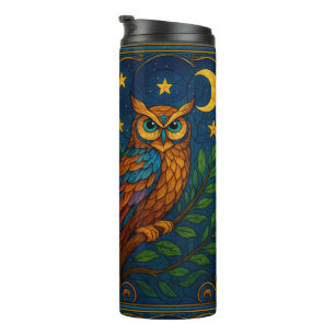 Stained Glass Owl Under the Moon and Stars Thermal Tumbler