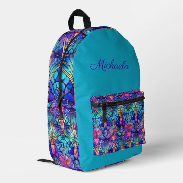 Stained Glass Pattern on Turquoise - Personalised Printed Backpack (Back Corner Left)